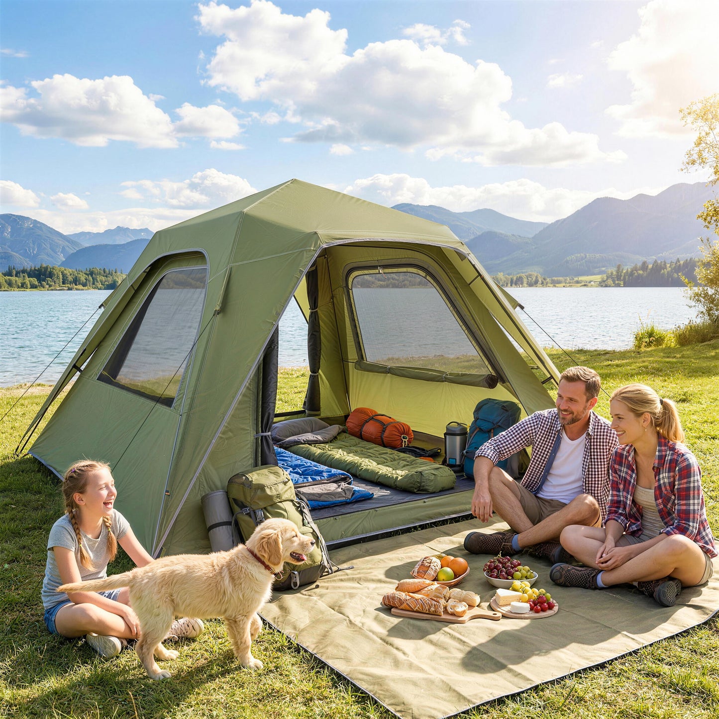 Outsunny Pop Up Tent 3000mm Waterproof Camping Tents with Mesh Windows 3-4 People Green