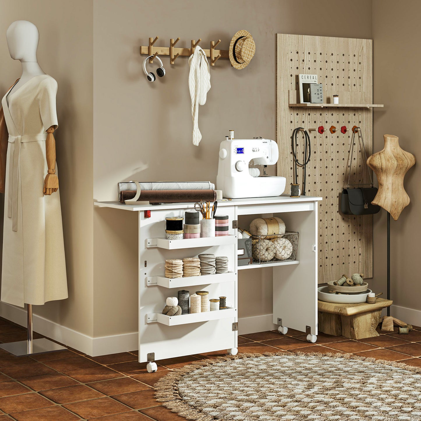 HOMCOM Folding Sewing Table, Drop Leaf Design, Storage Bins & Rolling Wheels, White
