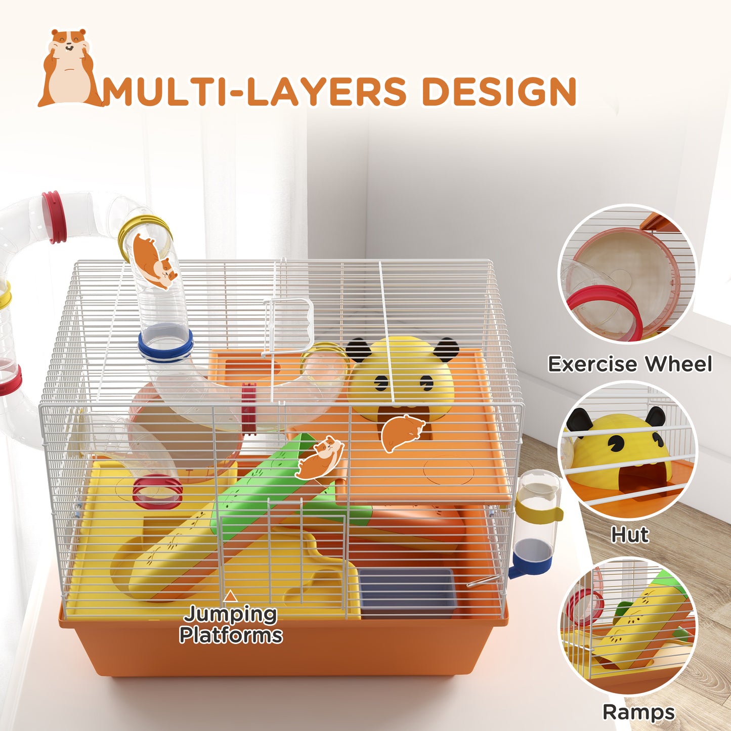 PawHut 3 Tiers Gerbil Cage Hamster Cage with Tubes Exercise Wheel Ladder Top Handle 45 x 28 x 37cm - Orange