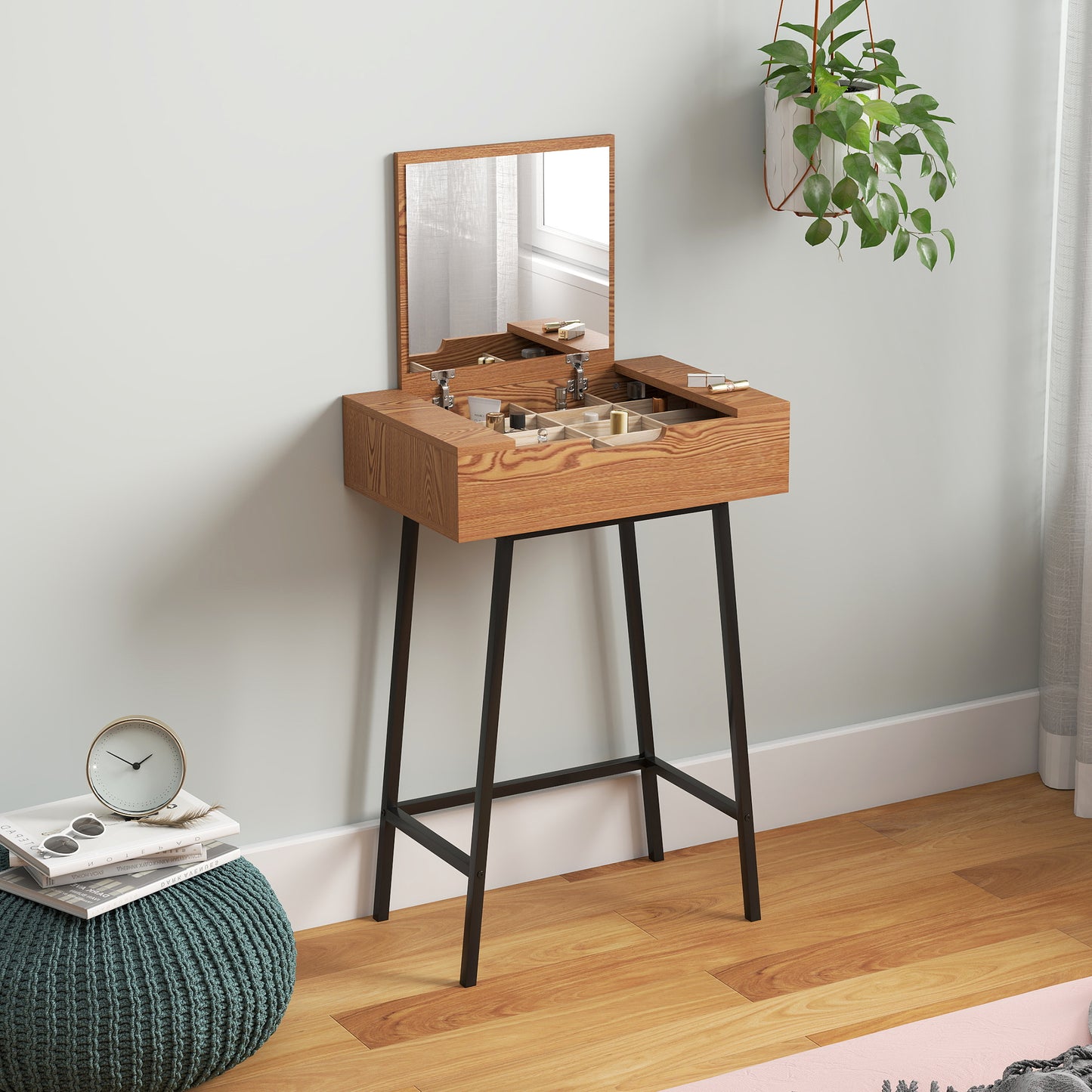 HOMCOM Vanity Desk with Flip-Up Mirror, Industrial Dressing Table with 16 Small Compartments for Bedroom, Natural Wood Effect