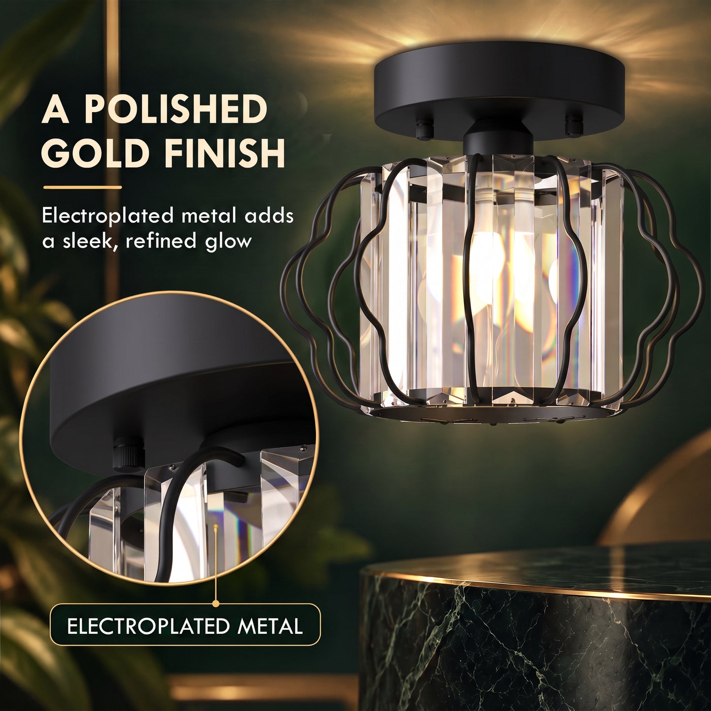HOMCOM Crystal Ceiling Light Fixtures, Modern Semi-Flush Ceiling Lighting with Crystal Strips, 2 Pack, Black