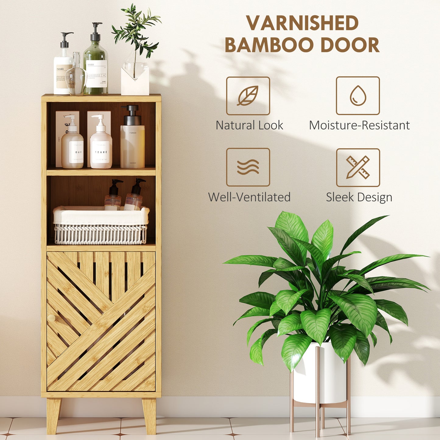 HOMCOM Slim Bathroom Cabinet, Narrow Freestanding Storage Cupboard with Bamboo Door and Legs, Open Compartments, Natural Wood Finish.