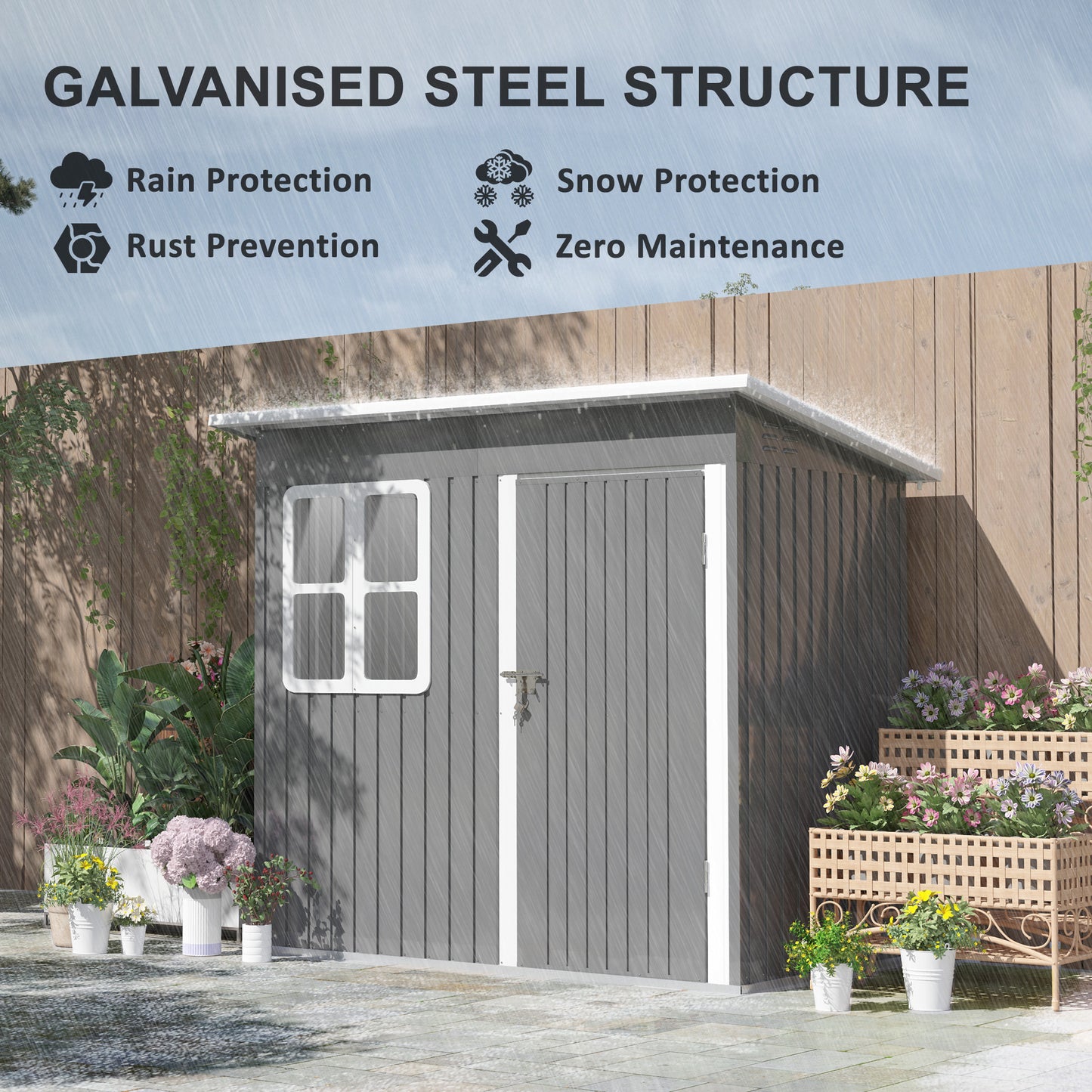 Outsunny 7x4ft Dark Grey Galvanised Steel Garden Storage Shed with Foundation Kit, Window, Lockable Door