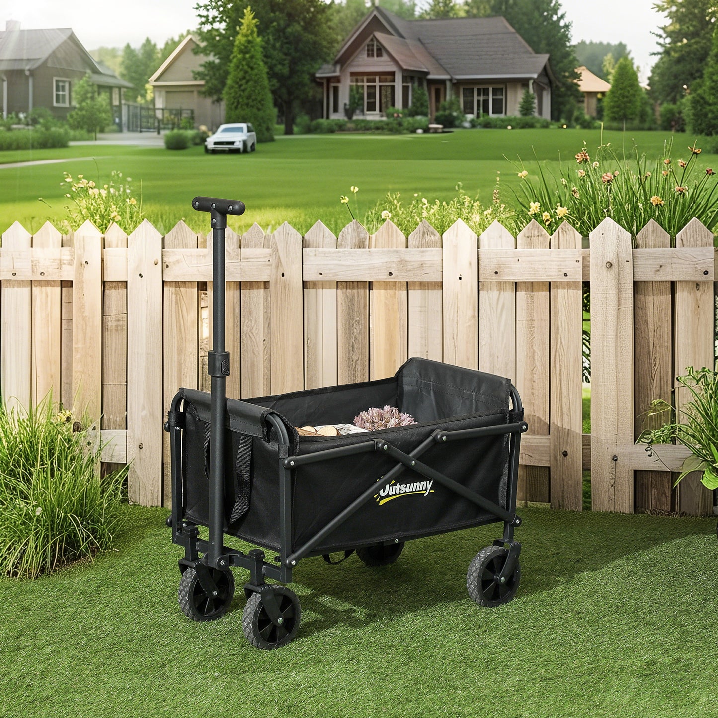 Outsunny 41L Festival Trolley, 60kg Heavy Duty Folding Wagon with Adjustable Handle and Carry Bag for Beach/Camping/Festival, Black