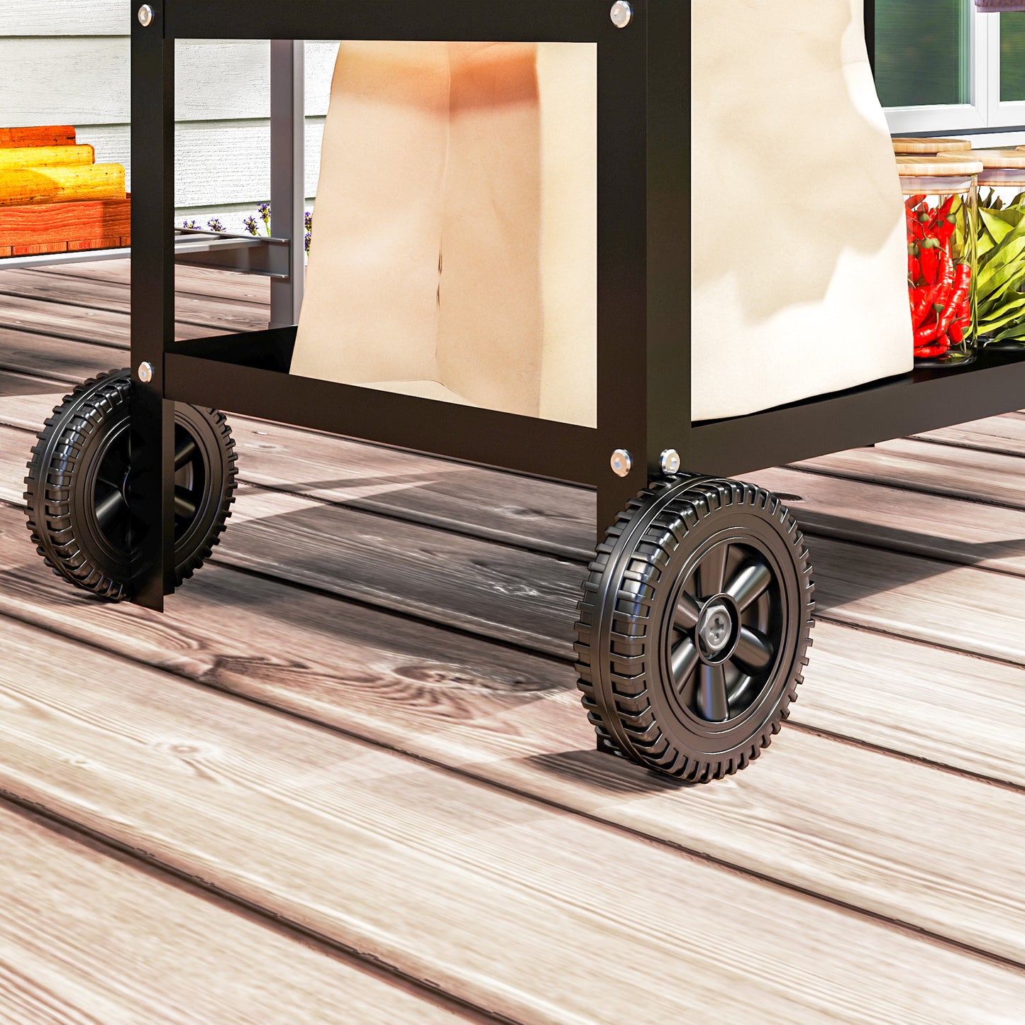 Outsunny BBQ Trolley, Stainless Steel Top, Adjustable Shelf, Hooks, Tray, Towel Rack, Pizza Oven Table, Movable Grill Cart with Cover, Black
