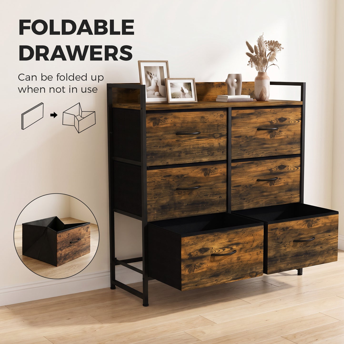 HOMCOM Rustic Chest of Six Fabric Drawers - Rustic Brown