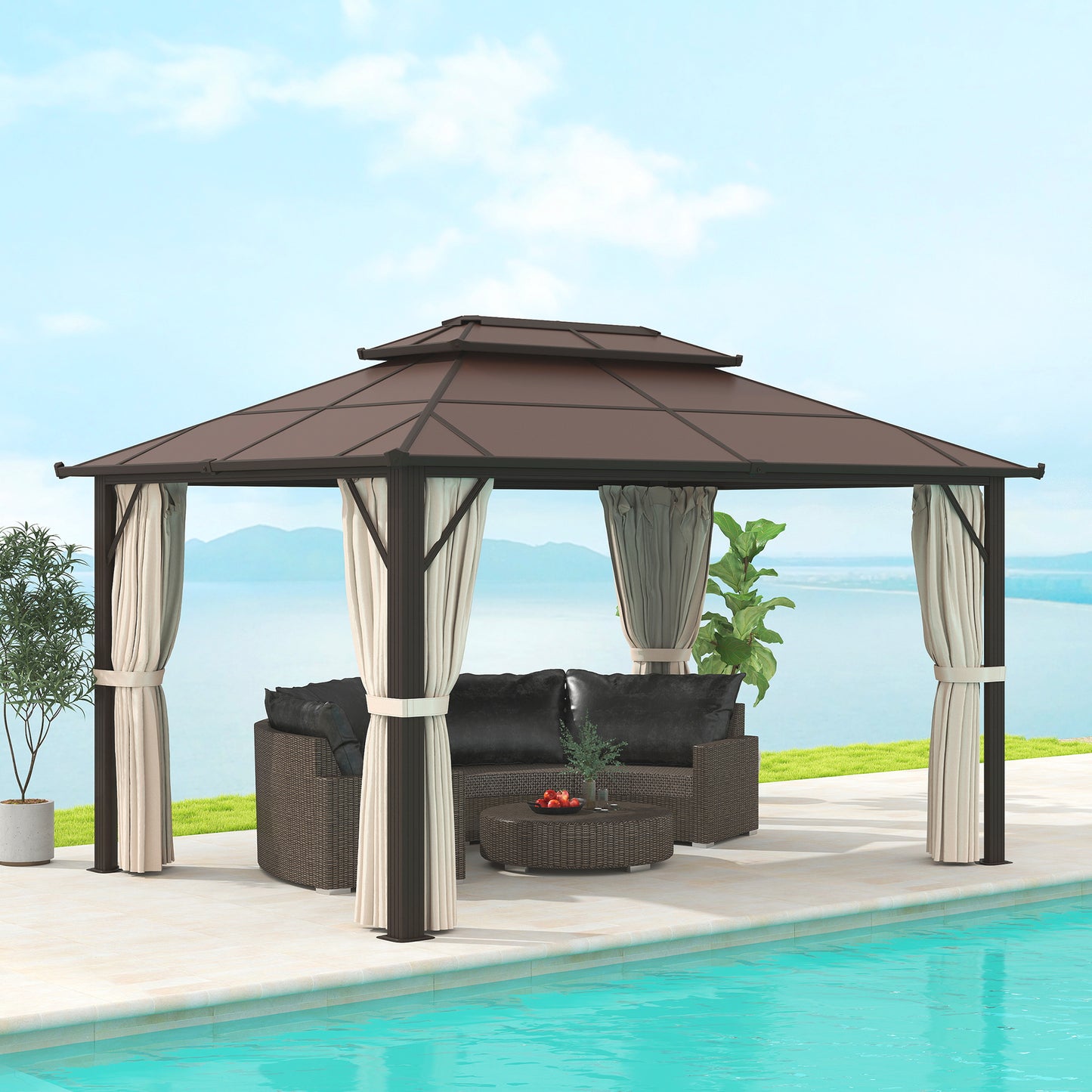 Outsunny 3x4m Hardtop Gazebo, UPF30+ Roof, Aluminium Frame, Mosquito Netting & Curtains, Beige