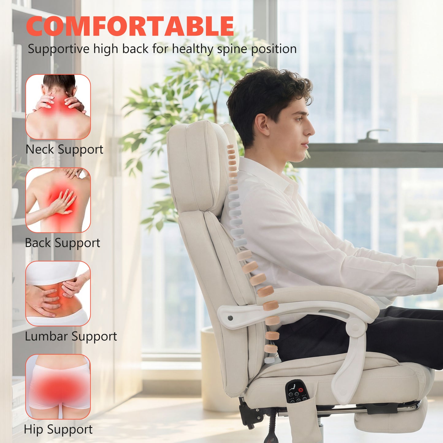 HOMCOM Office Chair with Massage, Heat, Adjustable Headrest, Leathaire‌ Reclining Desk Chair with Footrest, Cream White