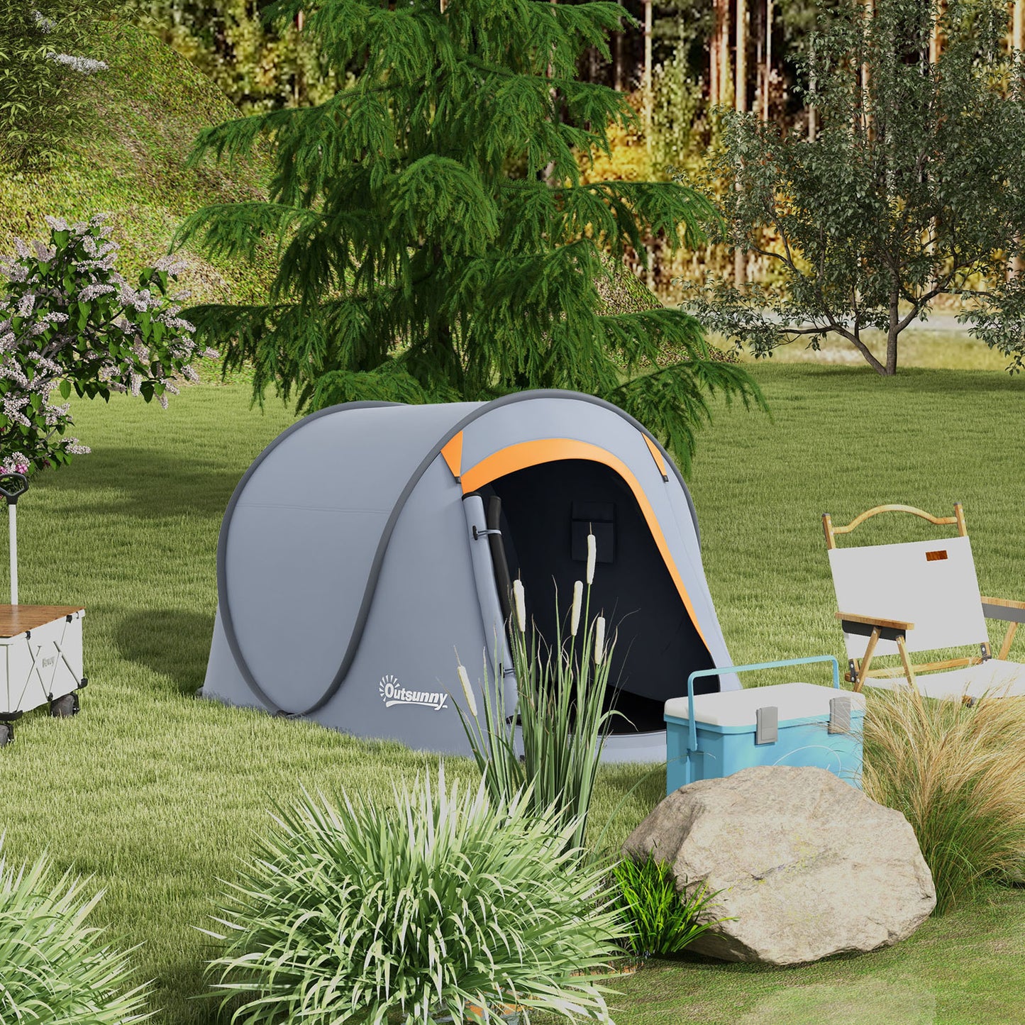 Outsunny 2 Man Pop up Camping Tent 2000mm Waterproof with Carry Bag for Fishing Hiking Backpacking Grey and Orange