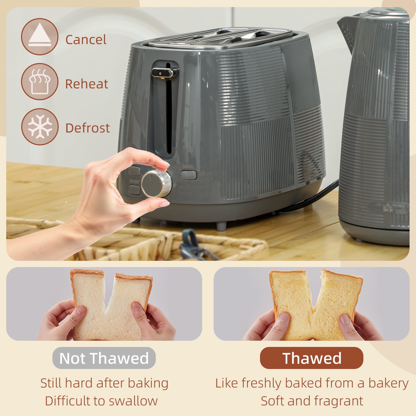 HOMCOM Kettle & Toaster Set, 1.7L Fast Boil Kettle & 2 Slice Toaster with 7 Levels, Grey