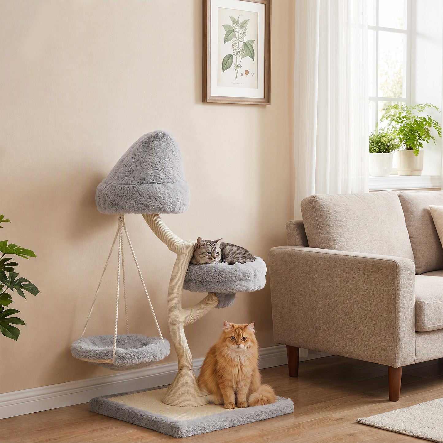 PawHut 115 cm Modern Cat Tree Tower for Large Cats with Sisal Scratching Post, Holds 1 Cat up to 6kg, Machine-Washable Beds