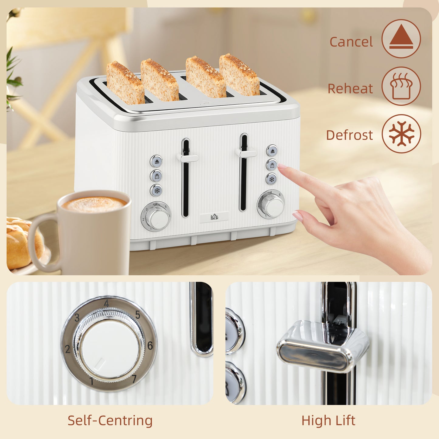 HOMCOM Kettle & Toaster Set, 3000W 1.7L Strix Rapid Boil, Limescale Filter, Cool Touch, 4 Slice Toaster, 7 Browning Levels, Crumb Tray, White