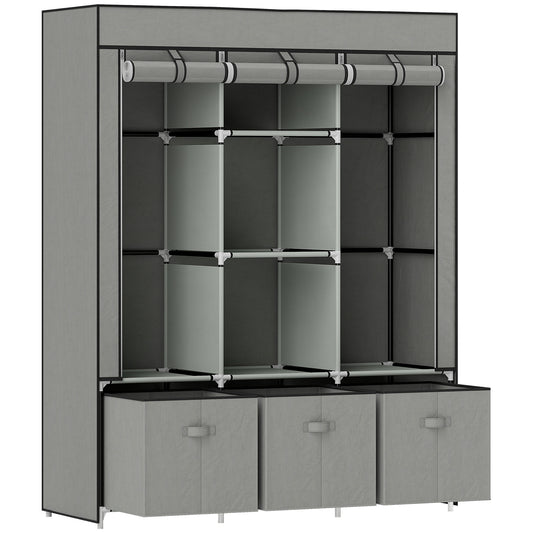 HOMCOM Fabric Wardrobe, Portable with 5 Shelves, 2 Hanging Rails, 3 Fabric Drawers, Foldable, 125x43x162.5cm, Light Grey