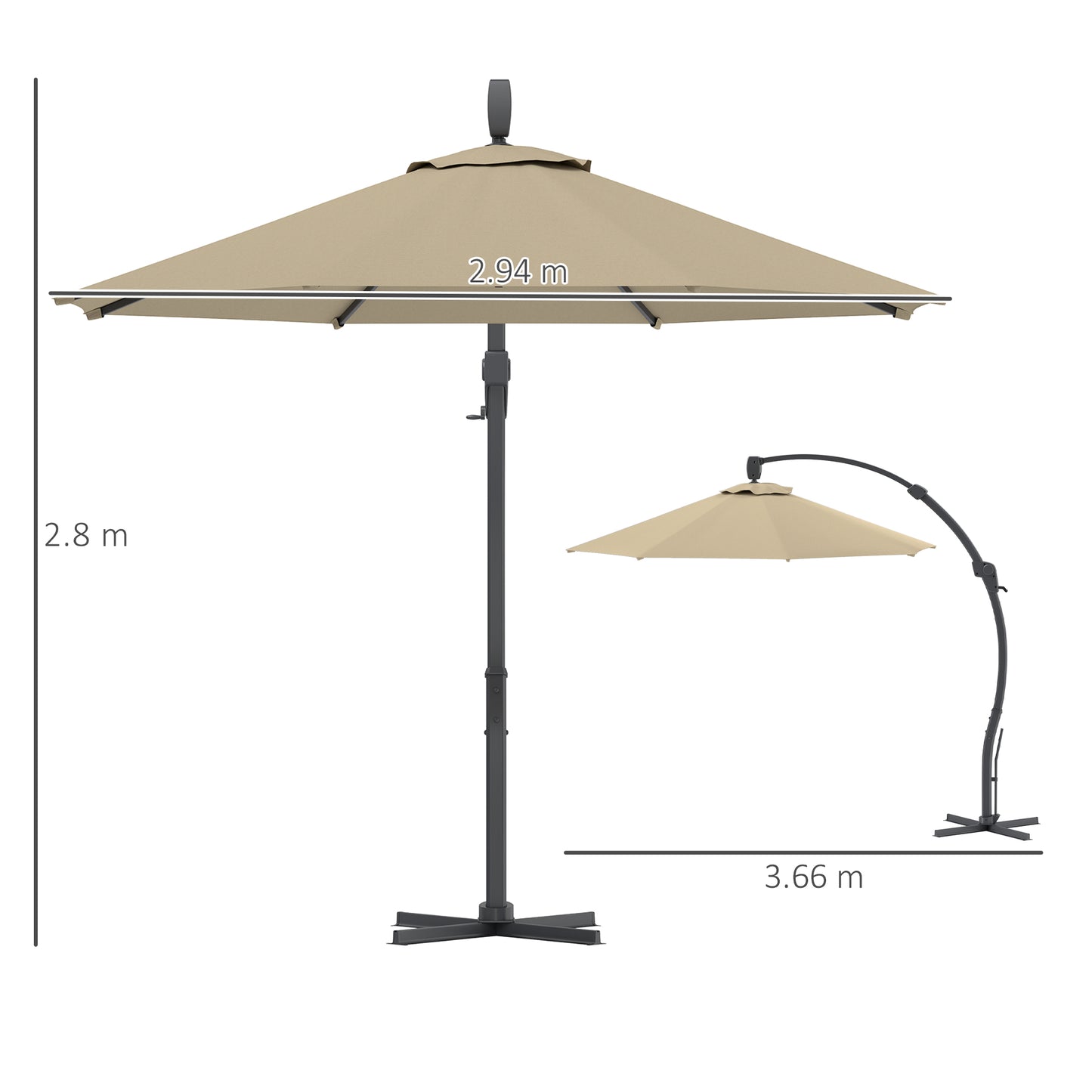 Outsunny Garden Cantilever Parasol, Round Umbrella, Crank Handle, Cross Base, 360° Rotation, Aluminium Frame, Banana Patio Sun Shade, Khaki