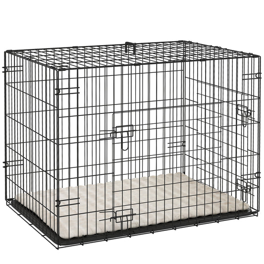 PawHut Dog Crate with 2 Doors with Tray, Soft Cushion, Foldable Metal Dog Cage for Small Dogs, 76 x 53 x 60, Black