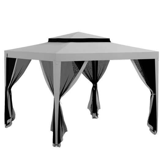 Outsunny 3 x 3 m Gazebo, Netting Party Tent, Patio Canopy Outdoor Event Shelter with Double Tier Roof, Light Grey