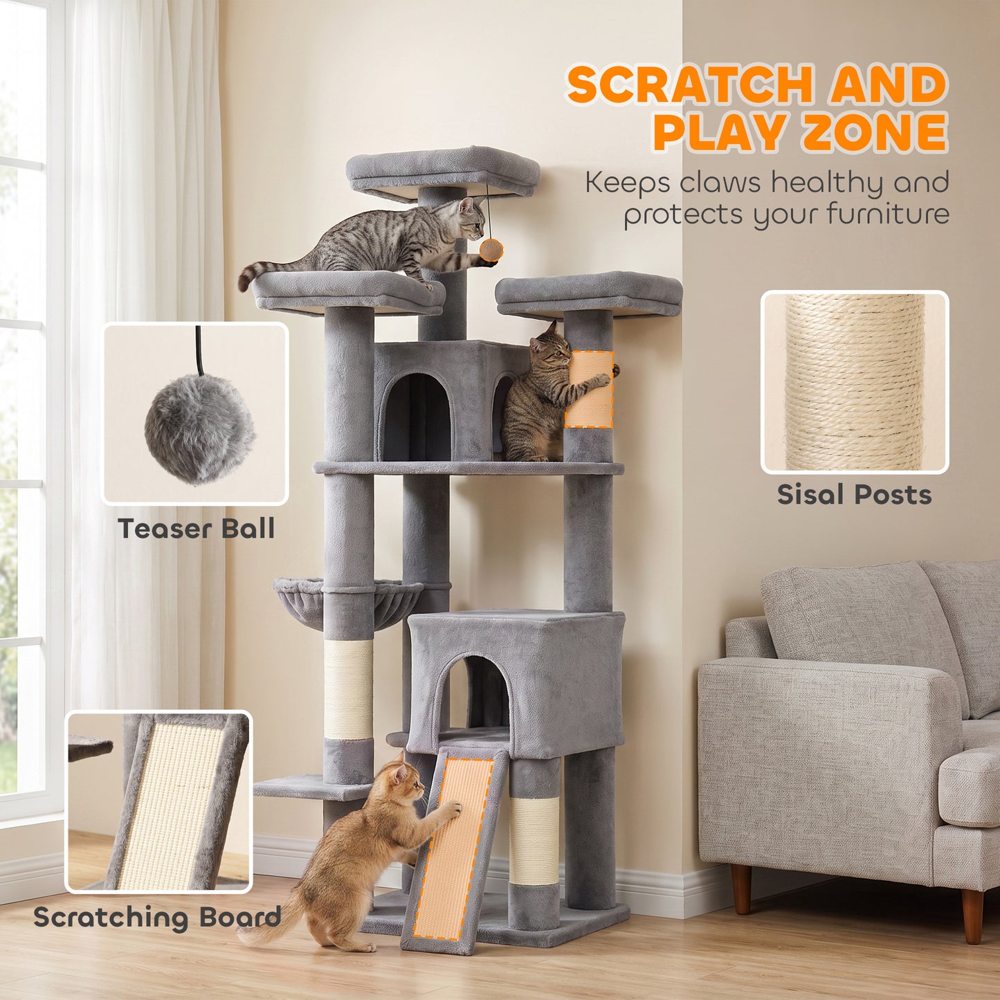 PawHut 184cm Large Cat Tree for Indoor Cats, Multi-Level Tall Kitty Tower with 3 Scratching Posts, 2 Condos, 3 Padded Beds