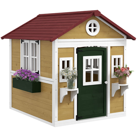 Outsunny Wooden Playhouse with Doors, Windows, Plant Pots, Boxes, for 3-8 Years - Beige