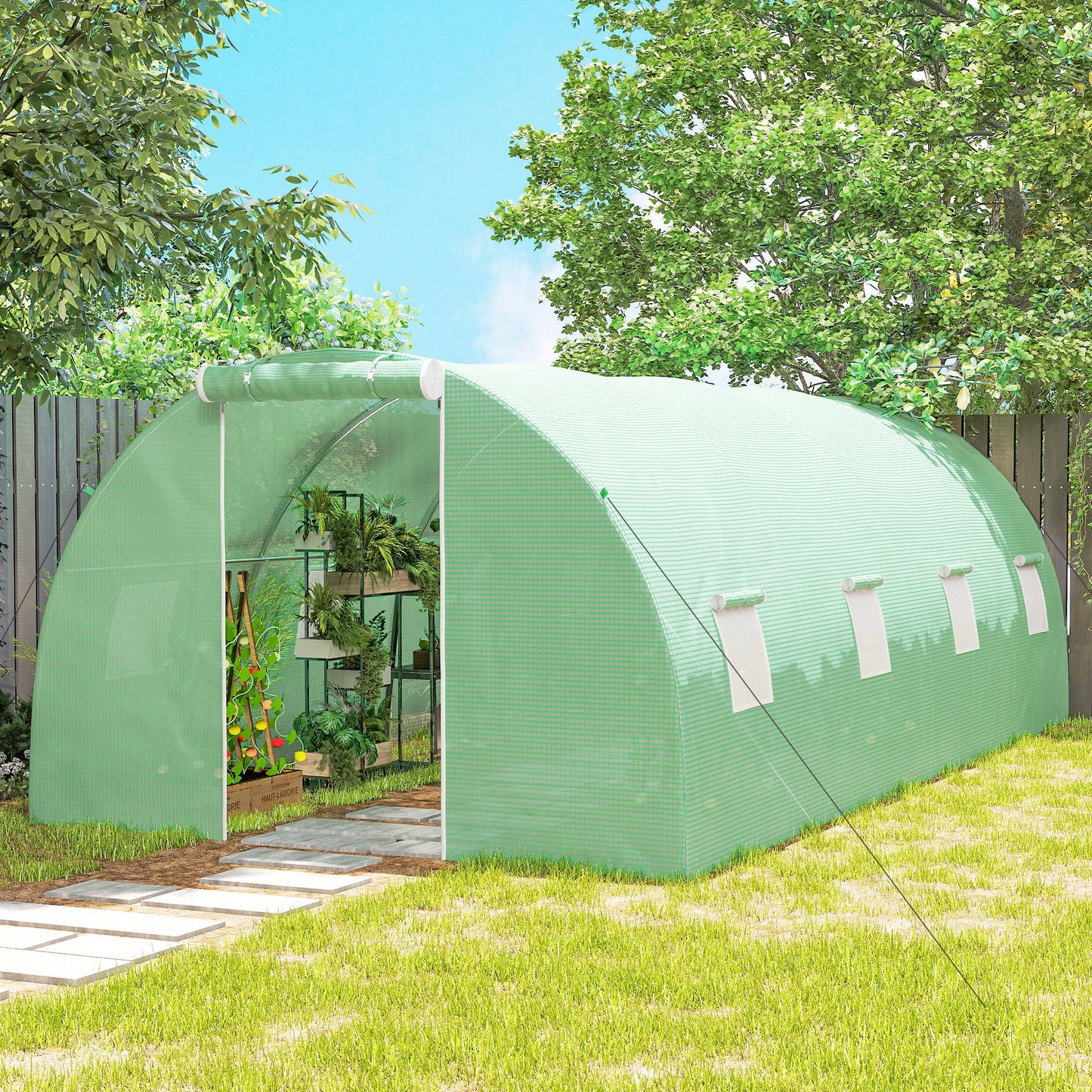Outsunny 6 x 3 m Walk-in Polytunnel Greenhouse, Zipped Roll-Up Door, 8 Mesh Windows, UV-Resistant PE Cover, Green