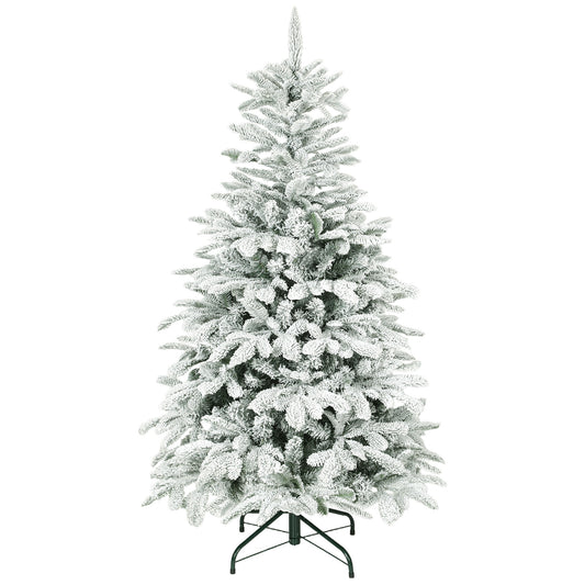 HOMCOM 5 ft Artificial Flocked Christmas Tree with 717 Branches, Hinged Xmas Tree with Foldable Metal Stand, Easy Assembly for Home Office Decor