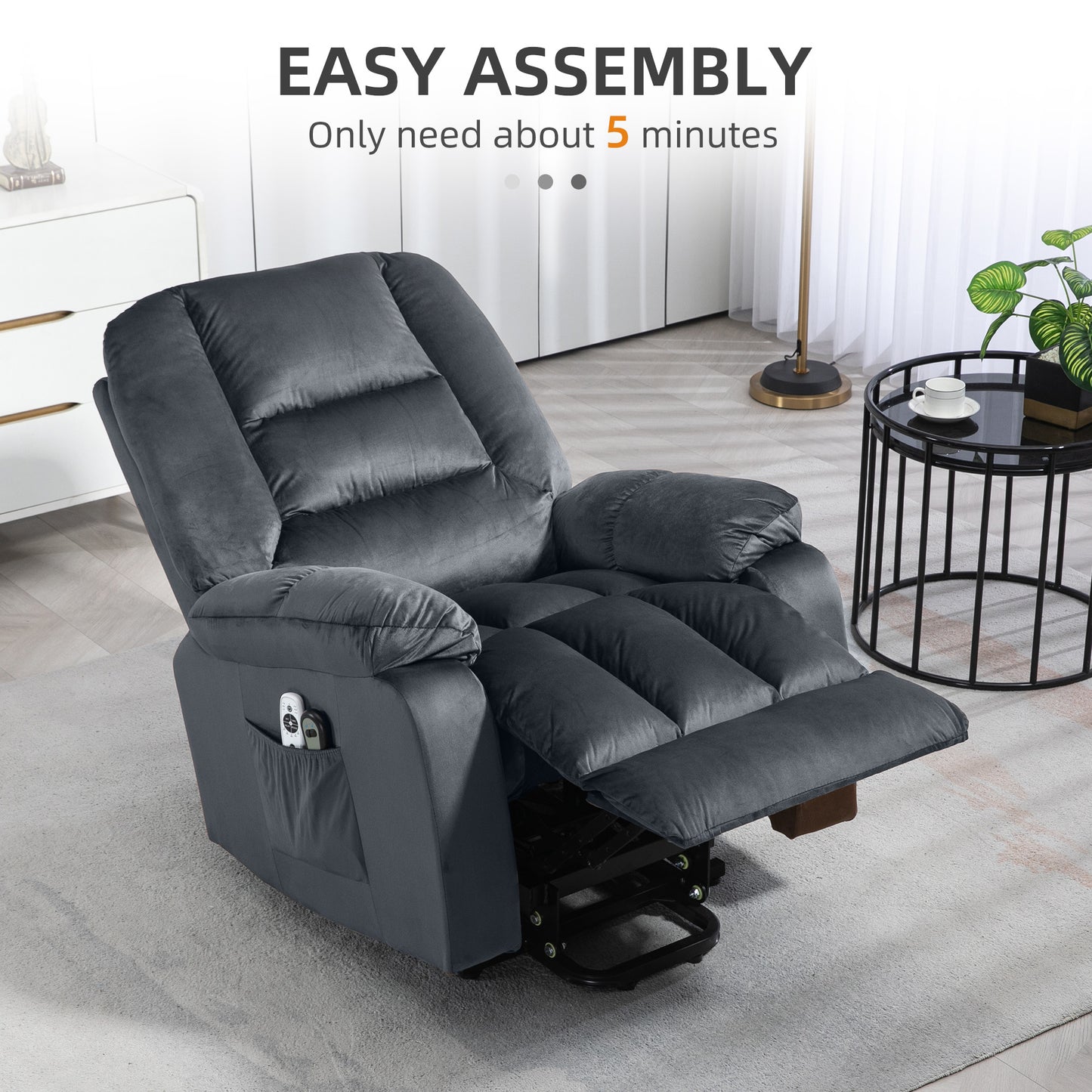 HOMCOM Lift Chair Quick Assembly Electric Riser and Recliner Chair with Vibration Massage Heat Side Pockets Grey