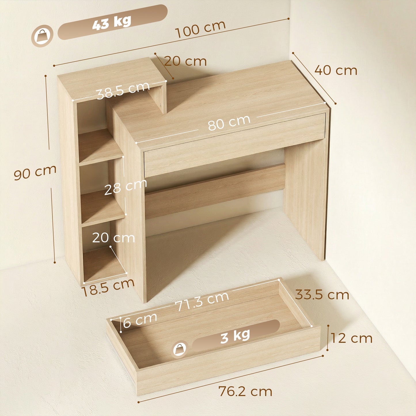 HOMCOM Desk with Storage, Computer Desk with 3 Open Shelves and Drawer, Workstation, Computer Table, Natural