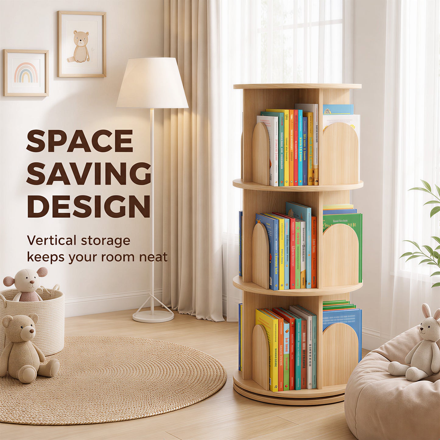 AIYAPLAY 3-Tier Rotating Bookcase, Round Kids Bookshelf Floor Standing 360° Rotating for Bedroom, Kids Room and Playroom, Natural