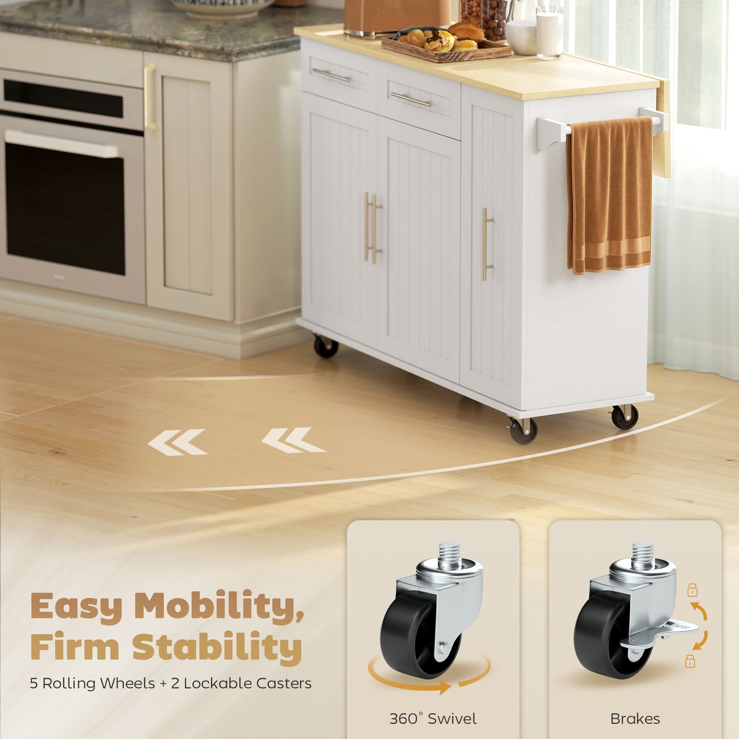 HOMCOM Kitchen Island, Rolling Kitchen Cart with Drop Leaf, Storage Trolley, Pull-out Storage, Drawers and Towel Rack, White