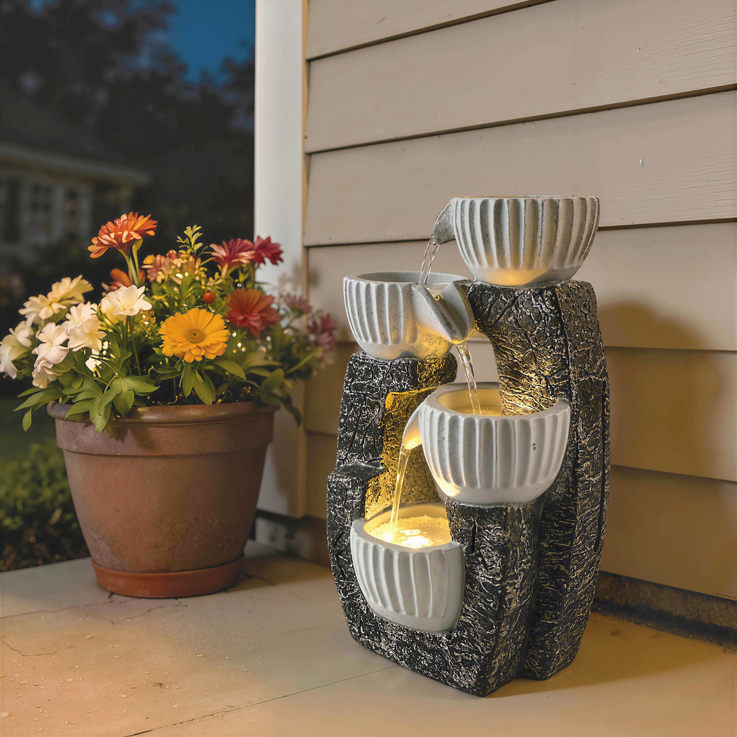 Outsunny 4-Tier Bowl Water Feature, Indoor Outdoor Garden Water Fountain with Pump and LED Lights, Resin Cascading Waterfall