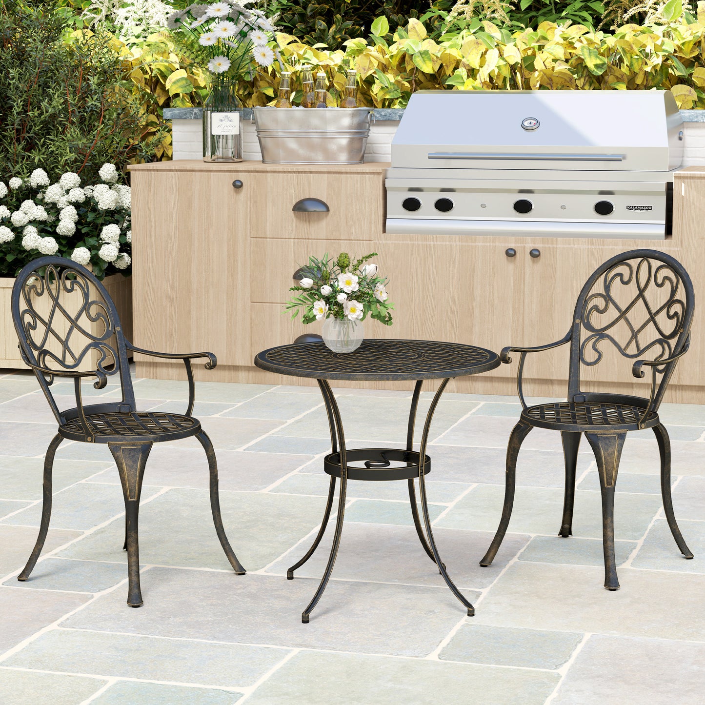 Outsunny 3 Piece Patio Bistro Set for 2, Outdoor Aluminium Garden Table and Chairs with Adjustable Footpads for Balcony, Garden and Patio, Bronze Tone
