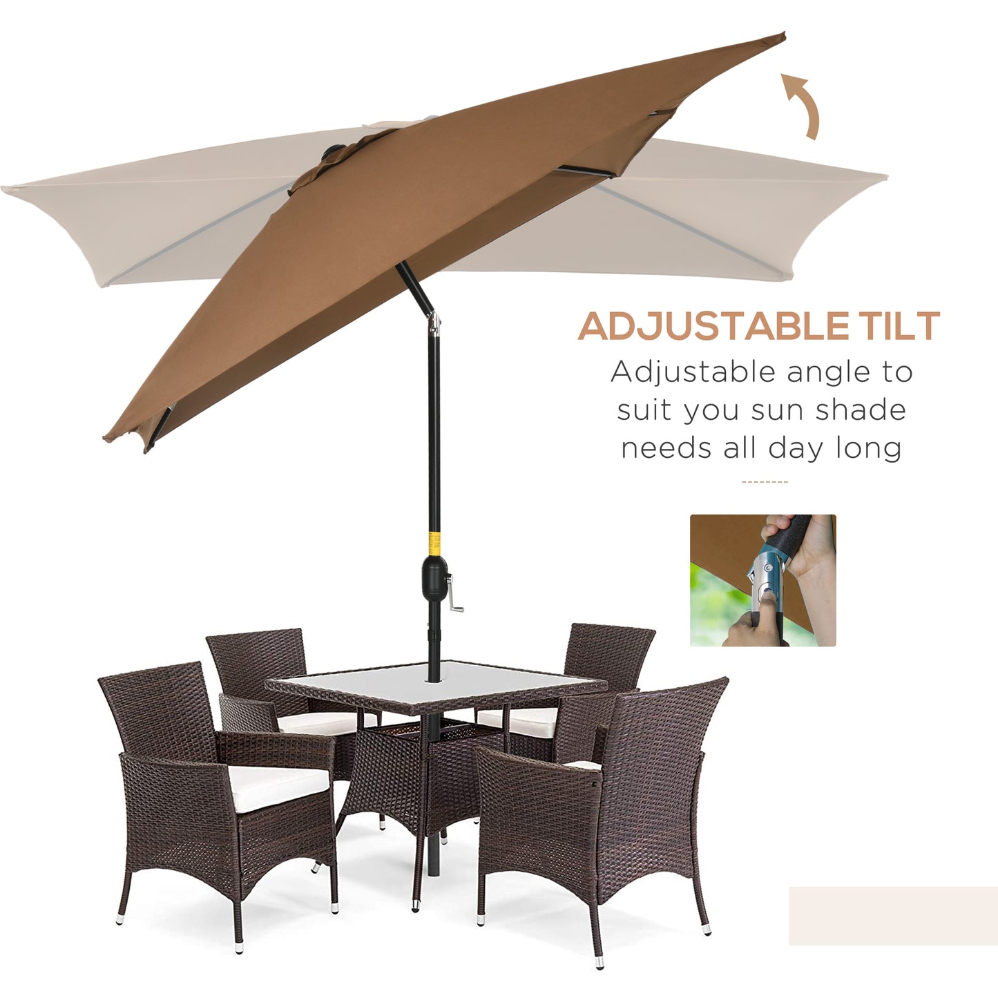 Outsunny 3x2m Garden Parasol Umbrella Outdoor Sun Shade Canopy with Tilt and Crank Aluminium Frame Rectangular Brown