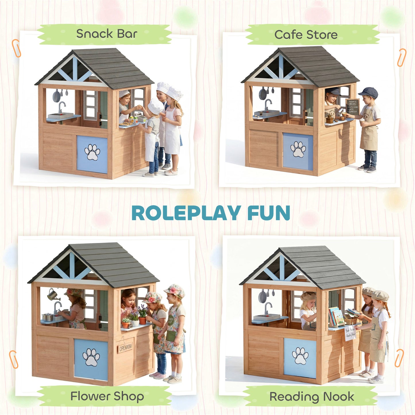 AIYAPLAY Wooden Playhouse for Kids, Wendy House with Pet Door, Play Kitchen, Half Door and Windows for Indoor Outdoor, Ages 2+