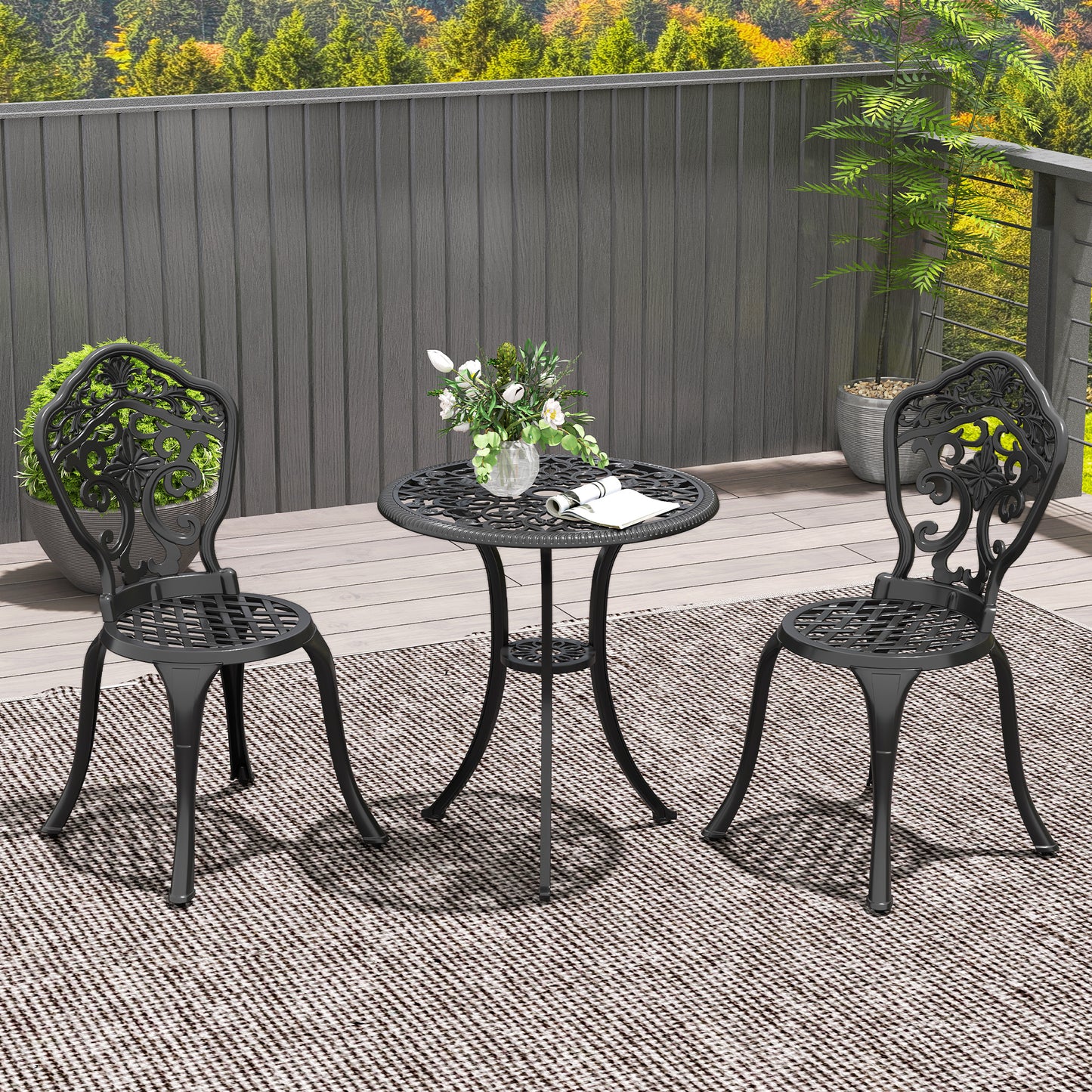 Outsunny 3 Piece Cast Aluminium Bistro Set for 2, Outdoor Table & 2 Chairs with Parasol Hole, Black