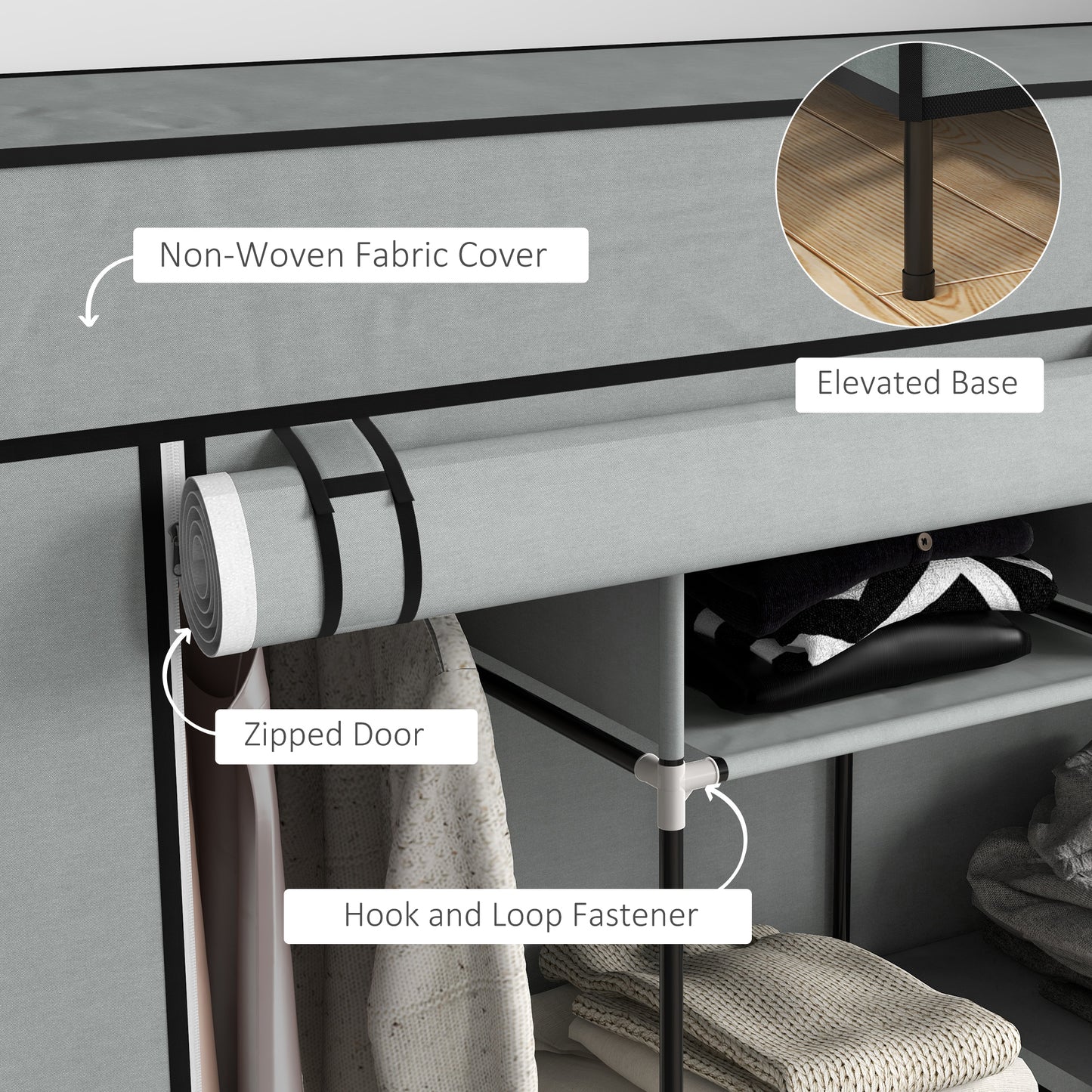 HOMCOM Fabric Wardrobe, Portable with 10 Compartments, 2 Hanging Rails & 4 Fabric Drawers, 166x42.5x169.5cm, Dark Grey