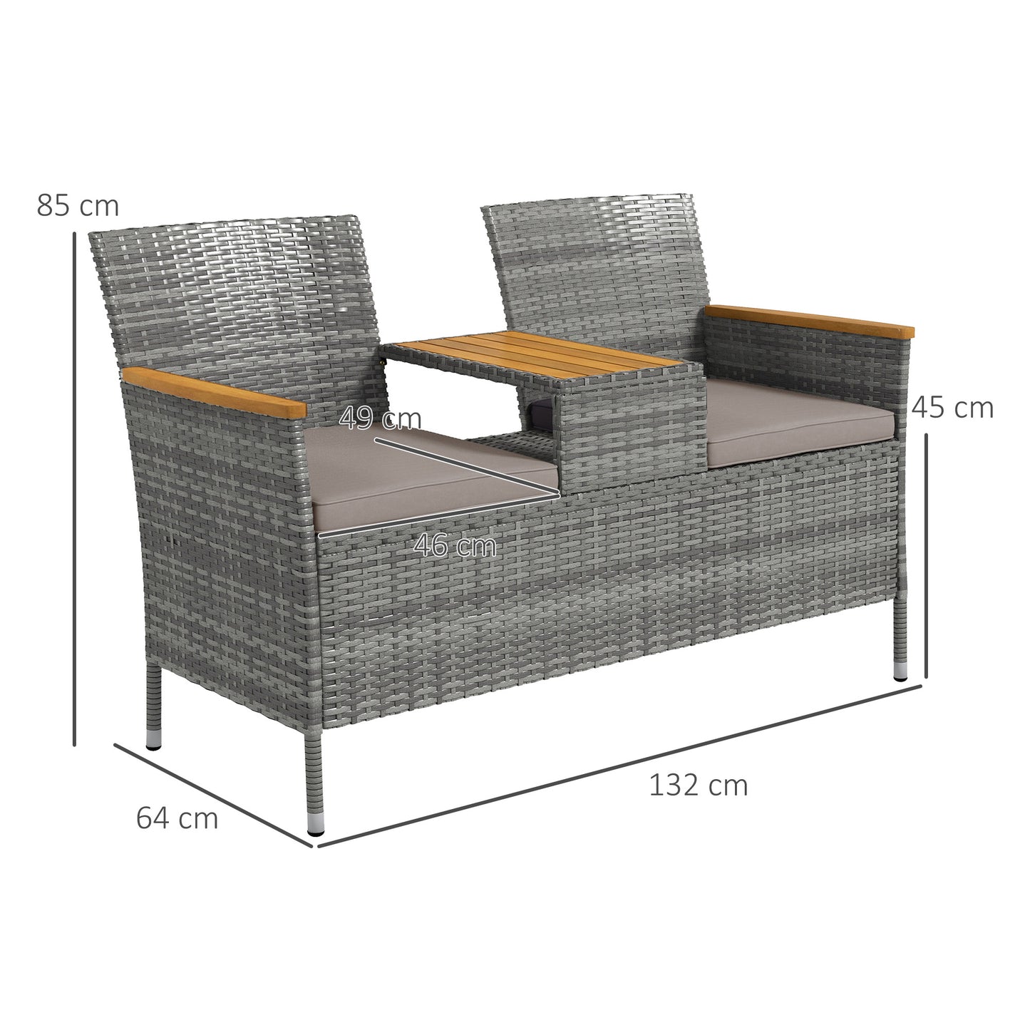 Outsunny Two-Seat Rattan Loveseat with Wood-Top Middle Table - Grey
