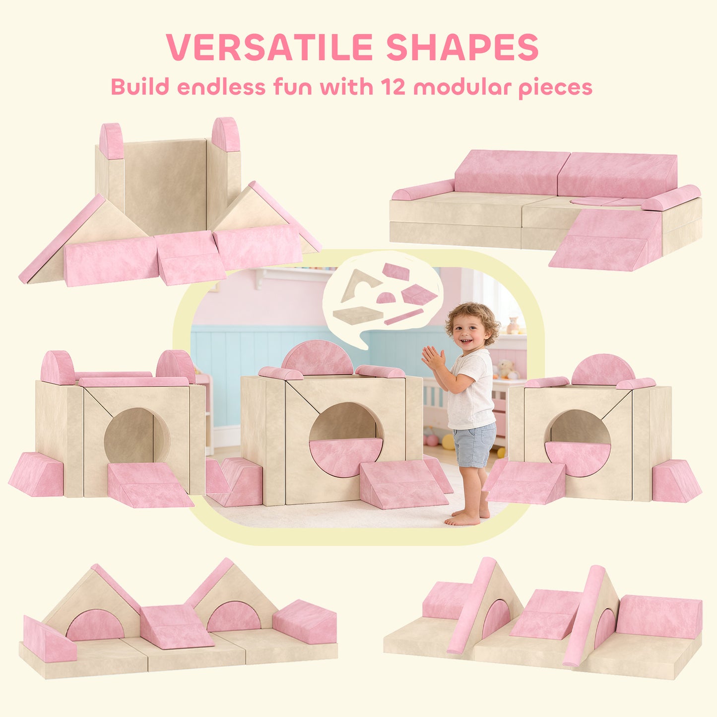 AIYAPLAY Kids Play Sofa, 12 Pieces Foam Modular Soft Play Set for Playroom, Children Convertible Sofa for Boys and Girls, Pink