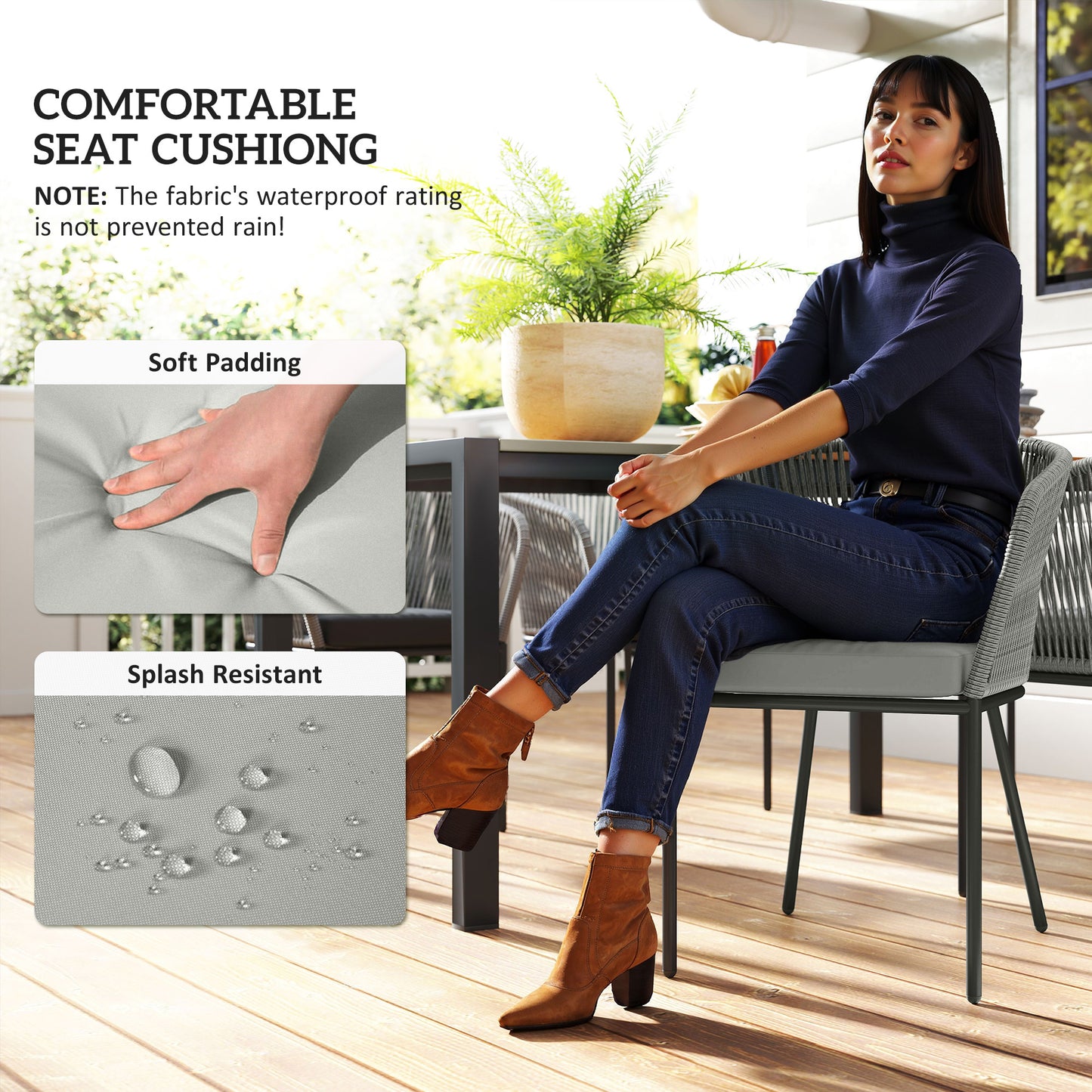 Outsunny Rattan Dining Set, 6 Seater, Wood Top Table, 6 Chairs, Washable Cushions, for Outdoor, Patio, Conservatory, Grey