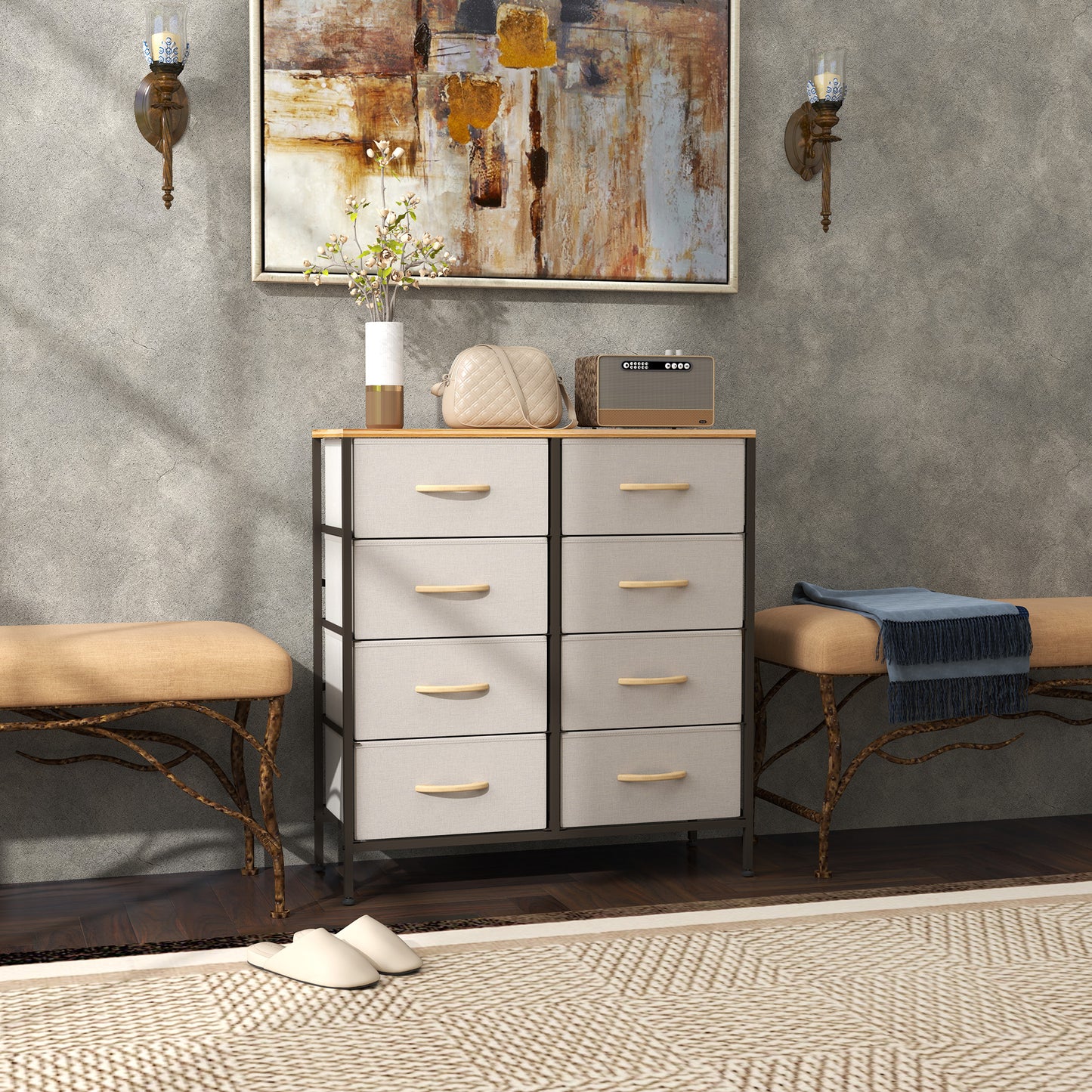 HOMCOM Fabric Chest of Drawers, Industrial Dresser with 8 Fabric Drawers, Steel Frame & Wooden Top for Nursery, Living Room, Hallway, Cream White.