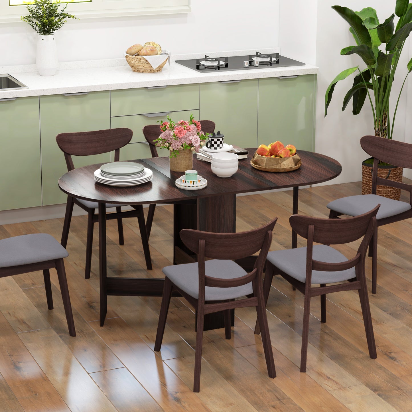 HOMCOM Folding Dining Table, Drop Leaf Table for Small Spaces, Oval Kitchen Table for Dining Room, Chocolate Wood Effect