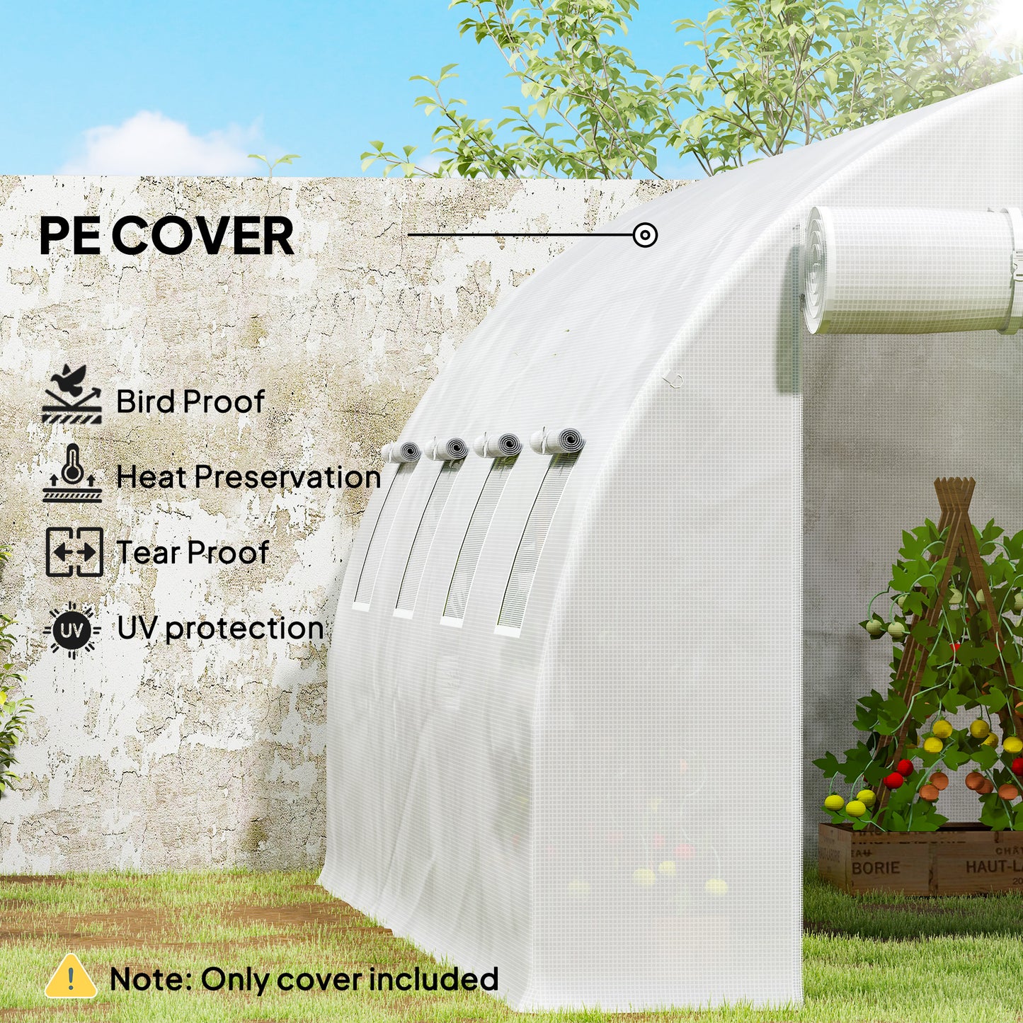 Outsunny Greenhouse Replacement Cover, 4x3x2m, for Tunnel Walk-in Greenhouse, Roll-up Windows/Door, Outdoor, PE Cover Only, White
