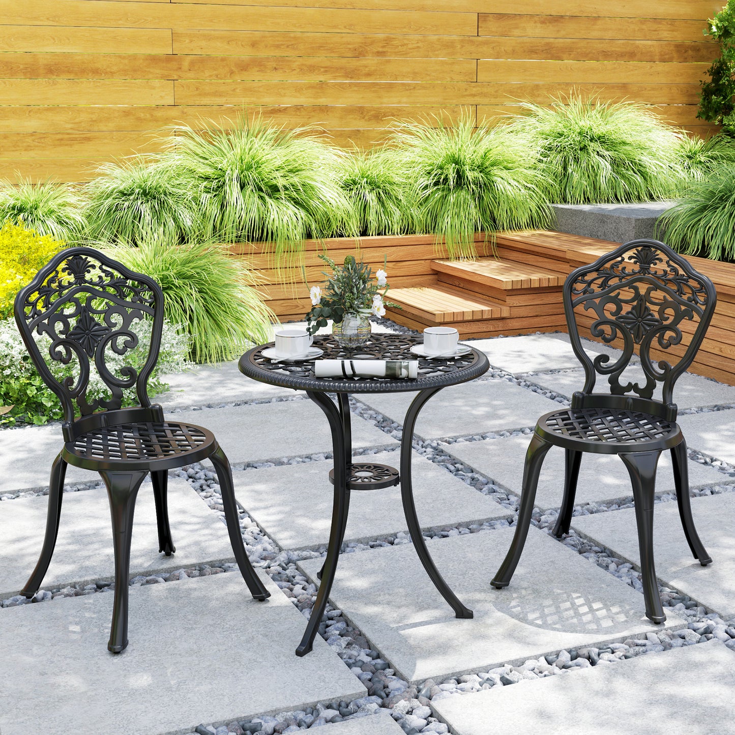 Outsunny 3 Piece Cast Aluminium Bistro Set for 2, Outdoor Table & 2 Chairs with Parasol Hole, Black