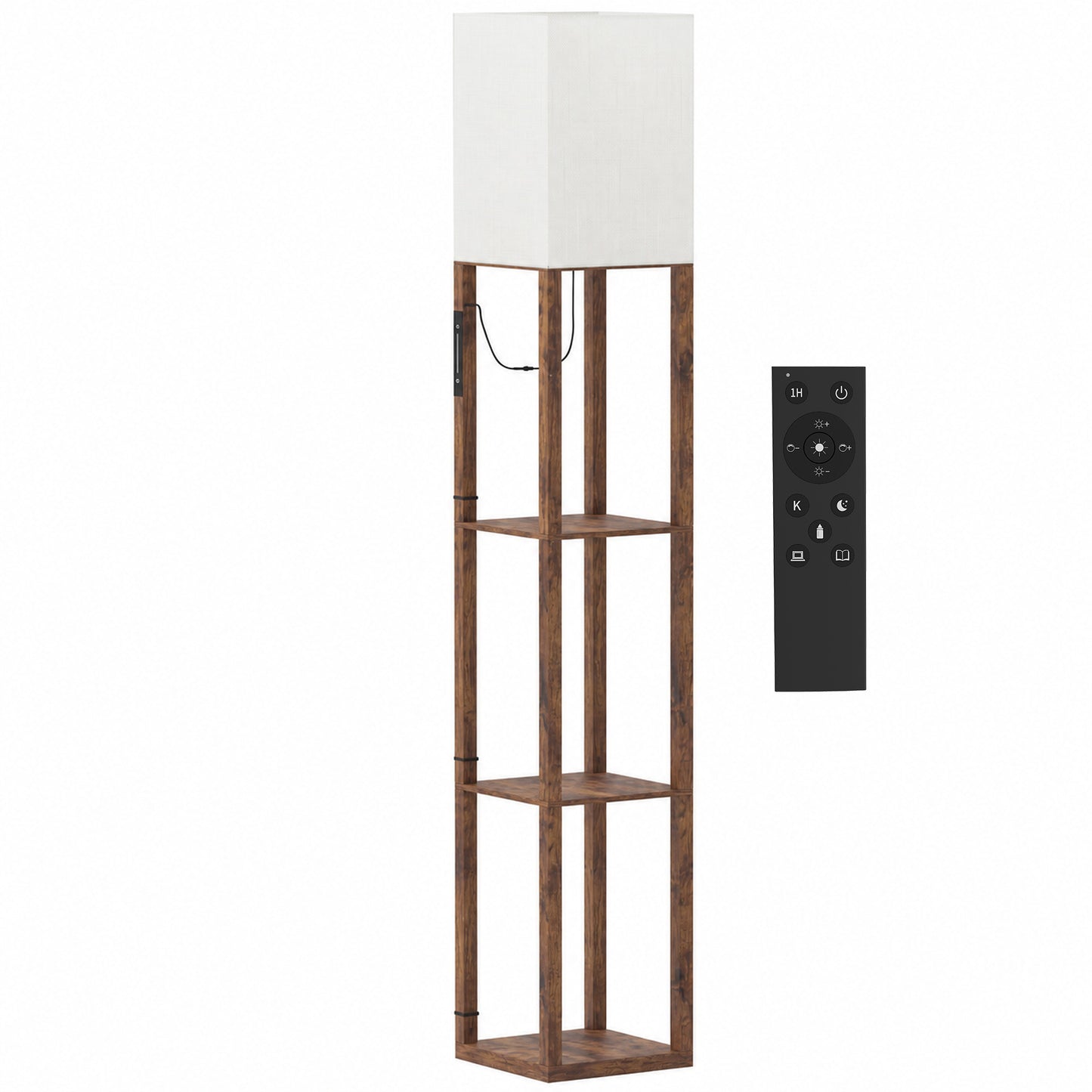 HOMCOM Floor Lamp with Shelves, Modern Dimmable Standing Lamp with Fabric Shade, Adjustable Colour Temperature, Rustic Brown