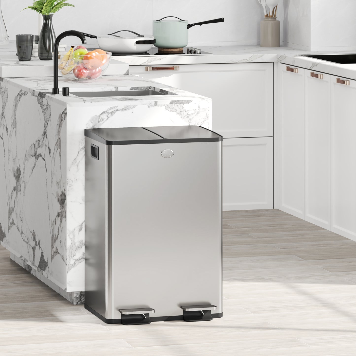 HOMCOM 56L Dual Compartment Stainless Steel Bin, with Deodoriser Holders - Silver Tone