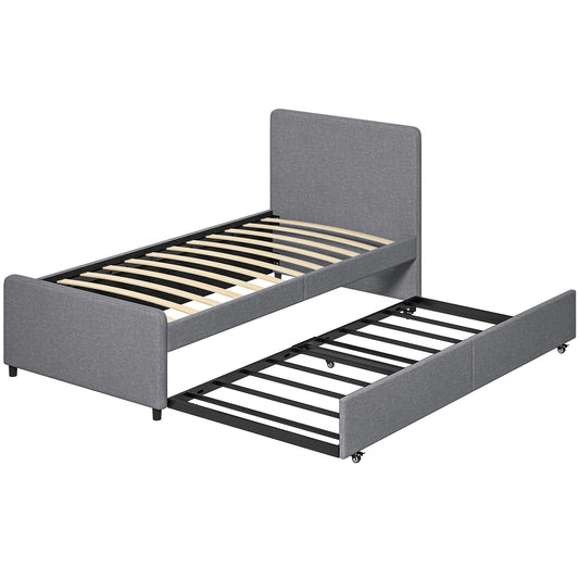 HOMCOM 3ft Single Bed Frame with Trundle, Upholstered Pull Out Trundle Bed with Headboard and Footboard, Dark Grey