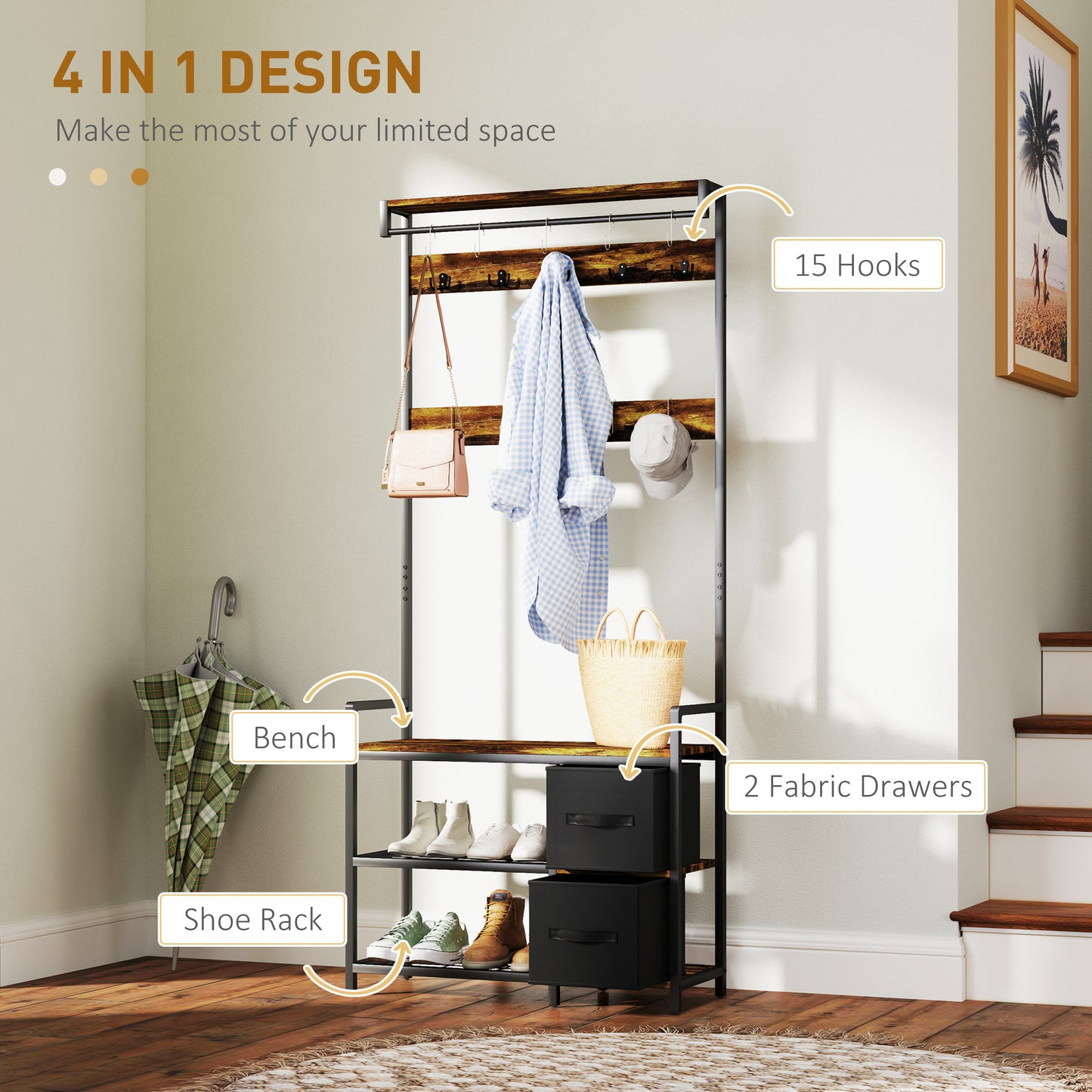 HOMCOM Coat Rack with Bench and Shoe Storage, Rustic Brown