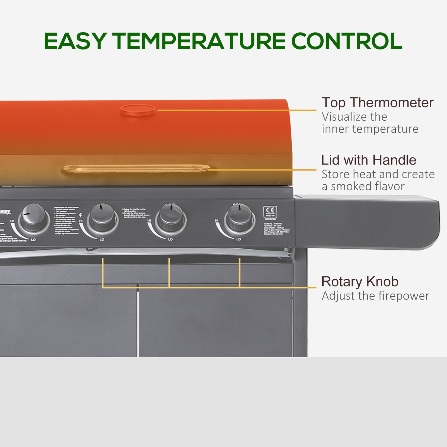 Outsunny 4+1 Burner Gas BBQ Grill, Trolley with Wheels, Warming Rack, Side Shelves, Thermometer, Grey