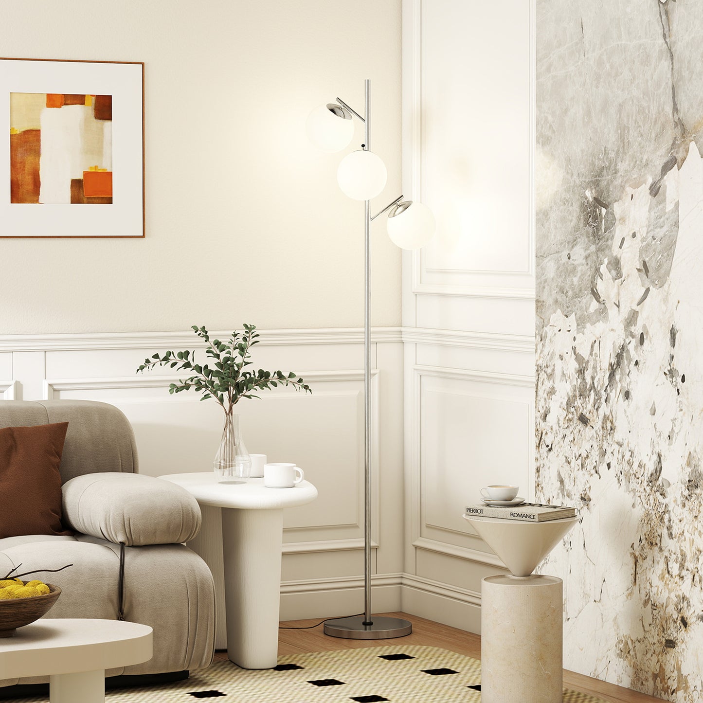 HOMCOM Modern 3-Light Tree Floor Lamp with Globe Lampshades, for Living Room and Bedroom, Steel Base, 3000K-6000K, Silver Tone