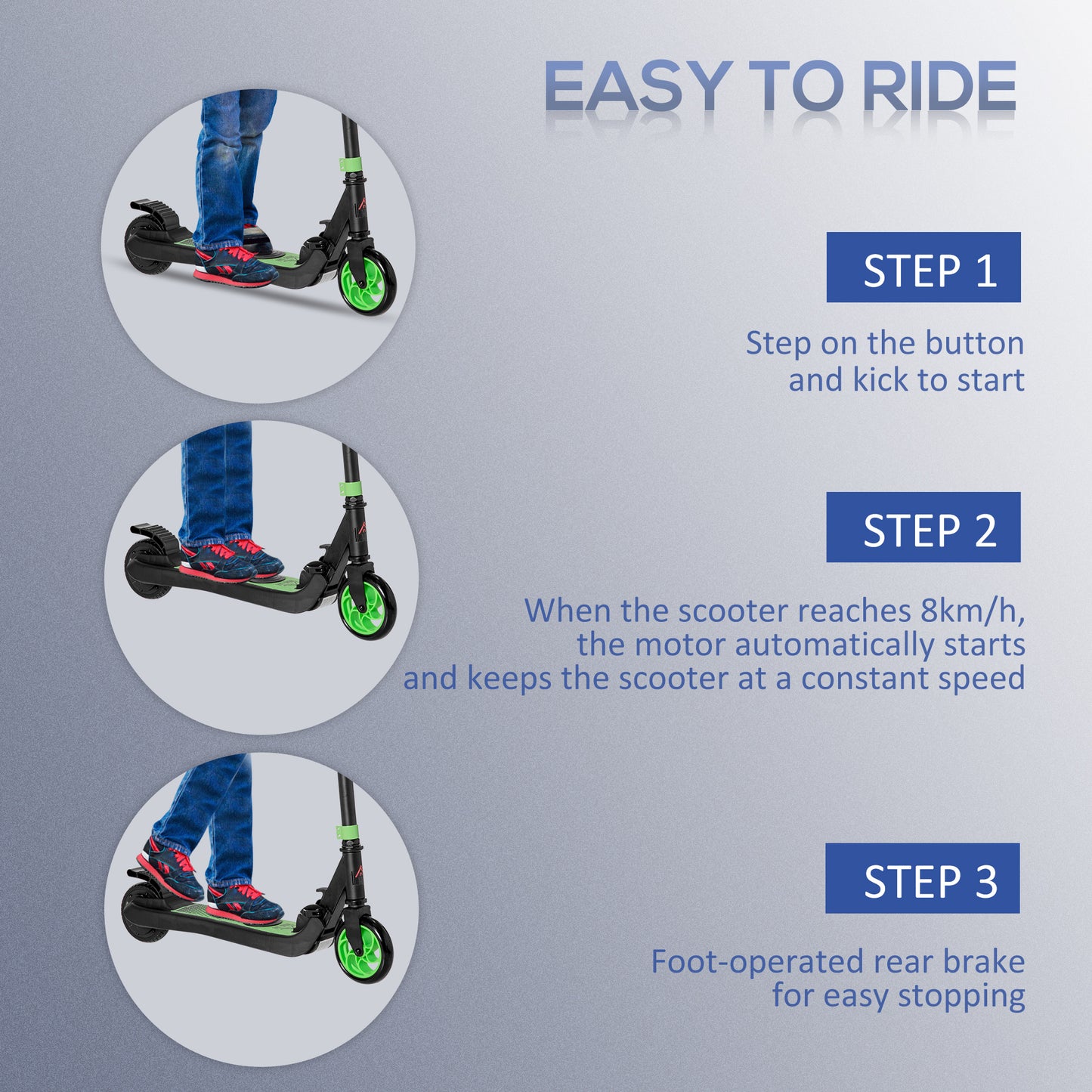 HOMCOM Folding Electric Scooter with Brake, for Ages 6+ Years, 8km/h Maximum Speed, Green