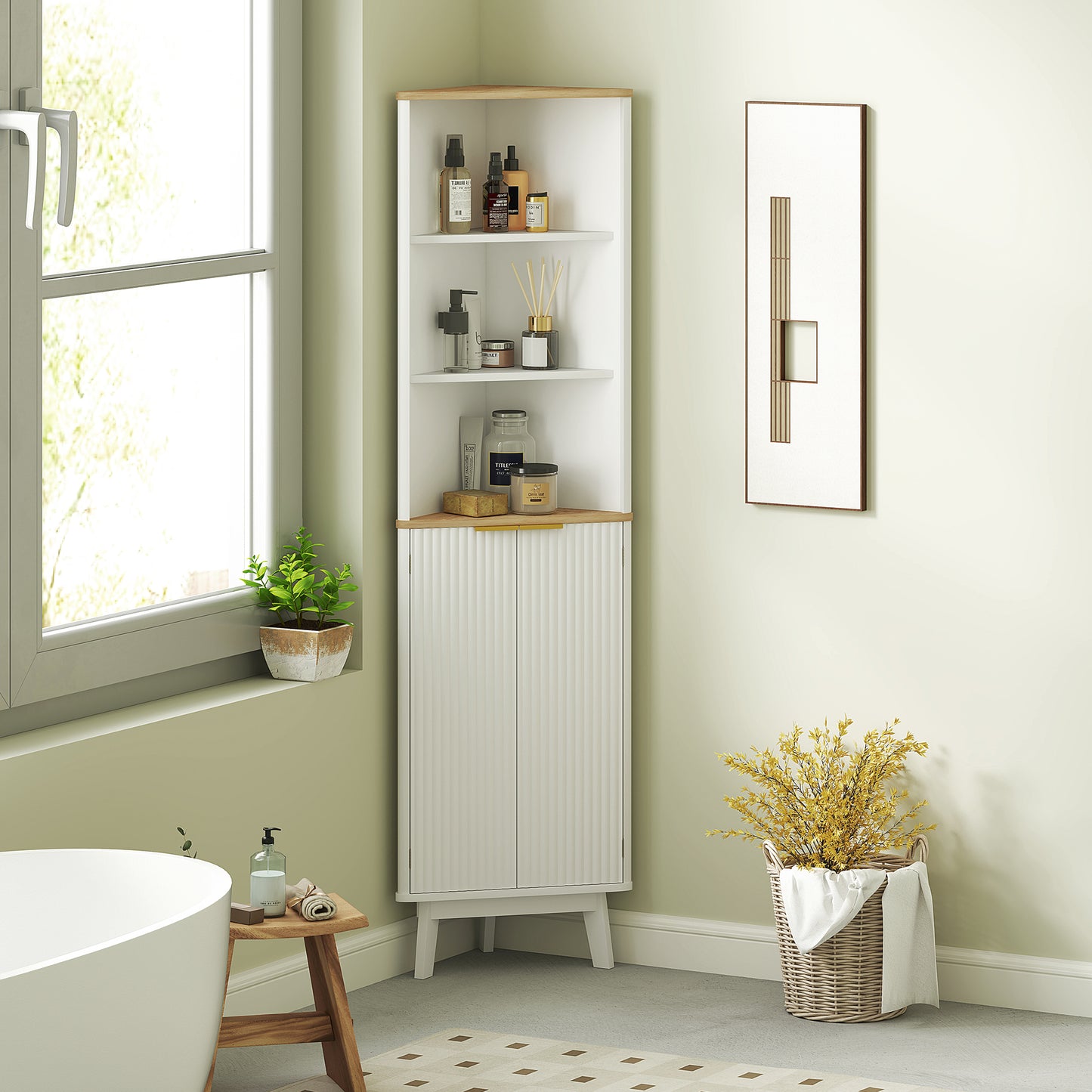HOMCOM Tall Bathroom Storage Cabinet, Slim Unit with Doors & Adjustable Shelves, Freestanding Curved Design, White