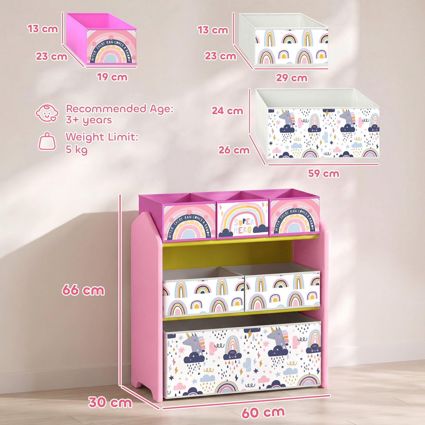 AIYAPLAY Toy Storage Organiser, 3-Tier Wooden Kids Toy Storage Rack with 6 Fabric Storage Bins for Bedroom, Kids Room, Pink